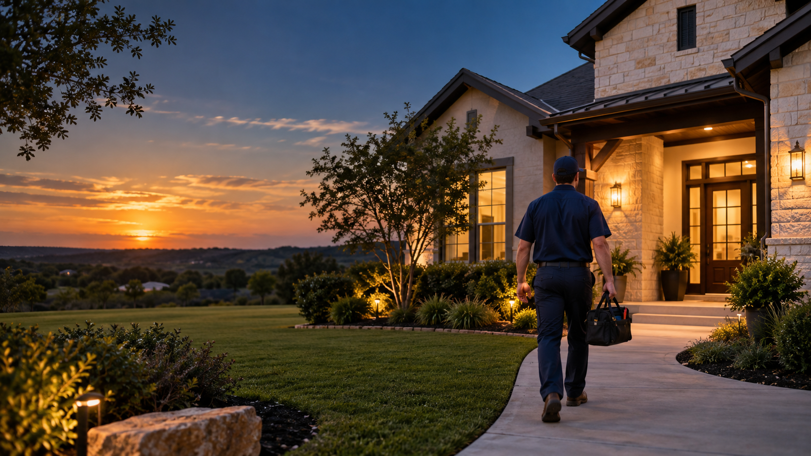 A home service professional arriving at a well-maintained Texas home